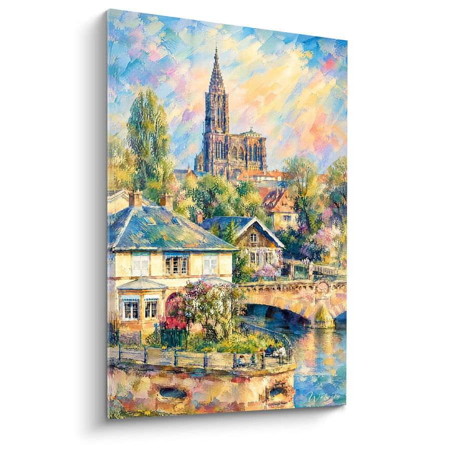 Schilderij Pijl van kathedraal beige en blauw op bloemrijk terras - Blauw leien dak en balustrade - Editie Straatsburg Elzas Frankrijk