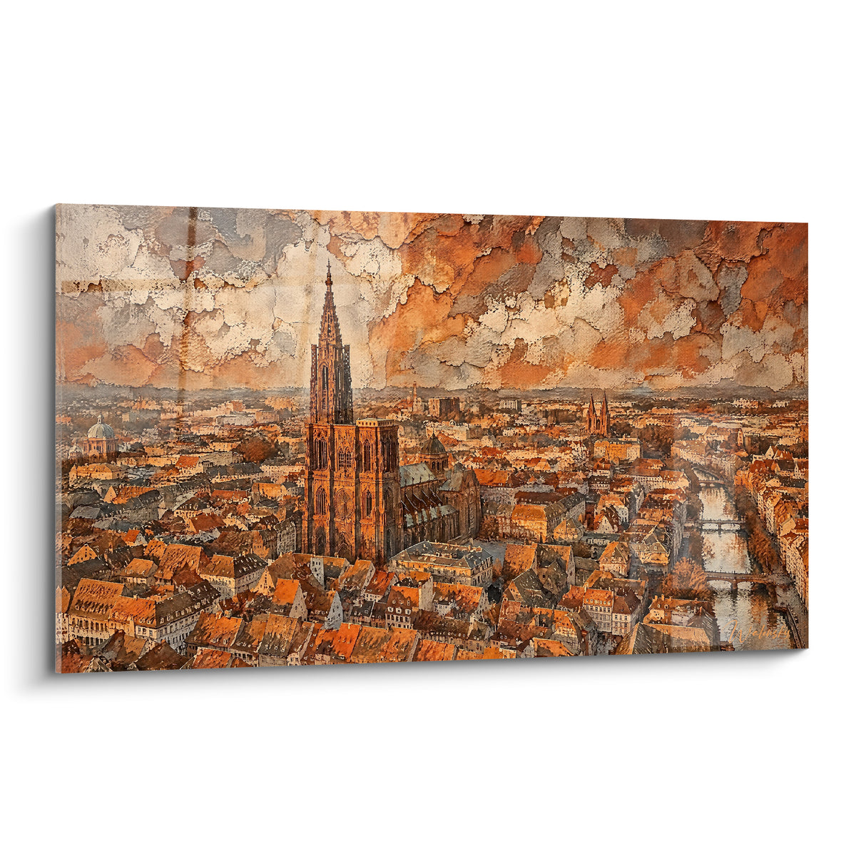 Gemälde der gotischen Kathedrale von Straßburg in Ocker- und Rosttönen unter einem orangegrau bewölkten Himmel
