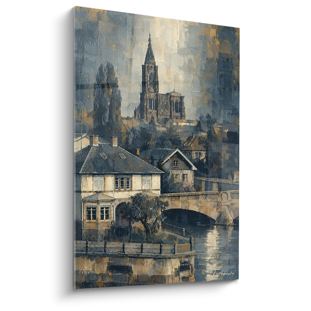 Quadro cattedrale gotica e ponte di pietra, toni blu ardesia e dorati, stile a mosaico materico alsaziano