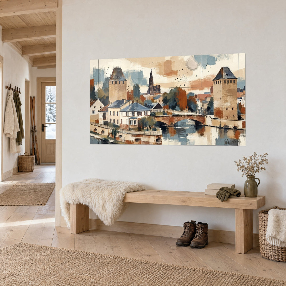 Schilderij rivierstad met twee vierkante torens in zand en roest, stenen boogbrug en weerspiegelingen in het water, witte chaletmuur