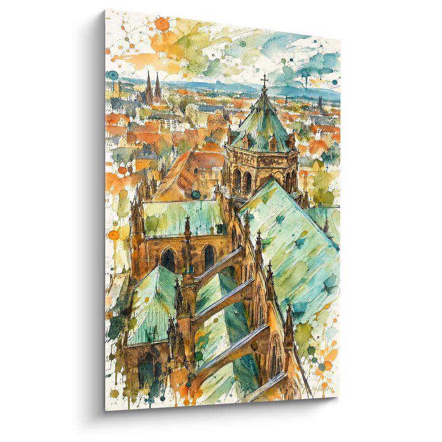 Tableau Cathédrale aux toits verts et ocre - Envol au-dessus des toits - Edition Strasbourg  Grand Est  France