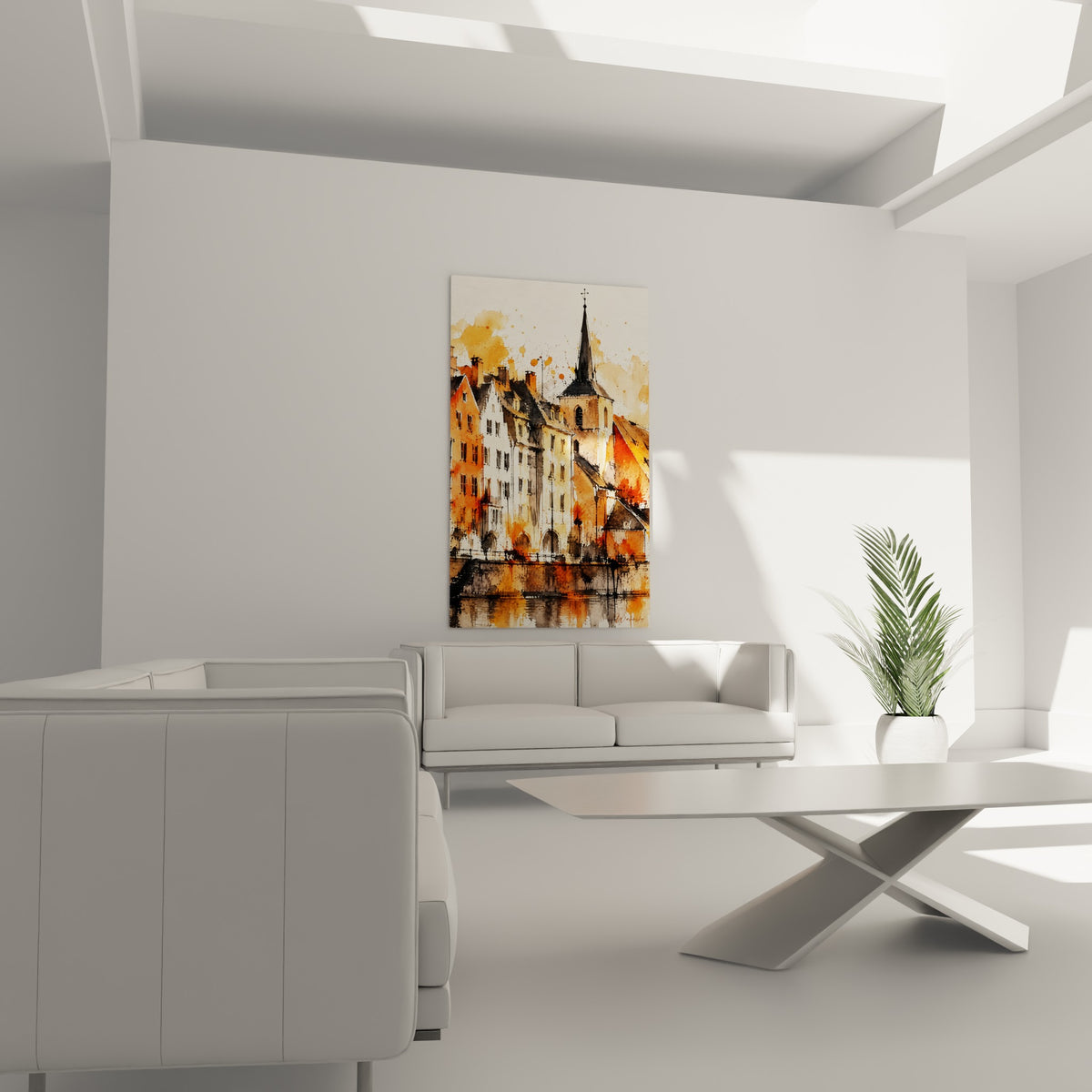Clocher gris et toits orange se reflétant dans l'eau calme, placés au-dessus d'un canapé dans un salon lumineux