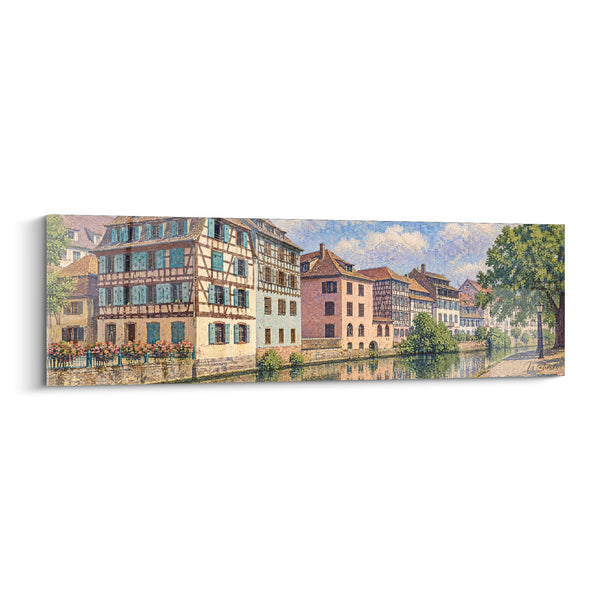 Quadro Case a graticcio turchesi e ocra bordate di fiori - Albero e lampione sul lungofiume - Edizione Strasburgo Grand Est Francia