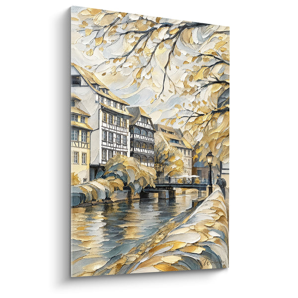 Tableau Maisons à colombages dorées au bord d'une rivière - Promenade automnale - Edition Strasbourg  Grand Est  France