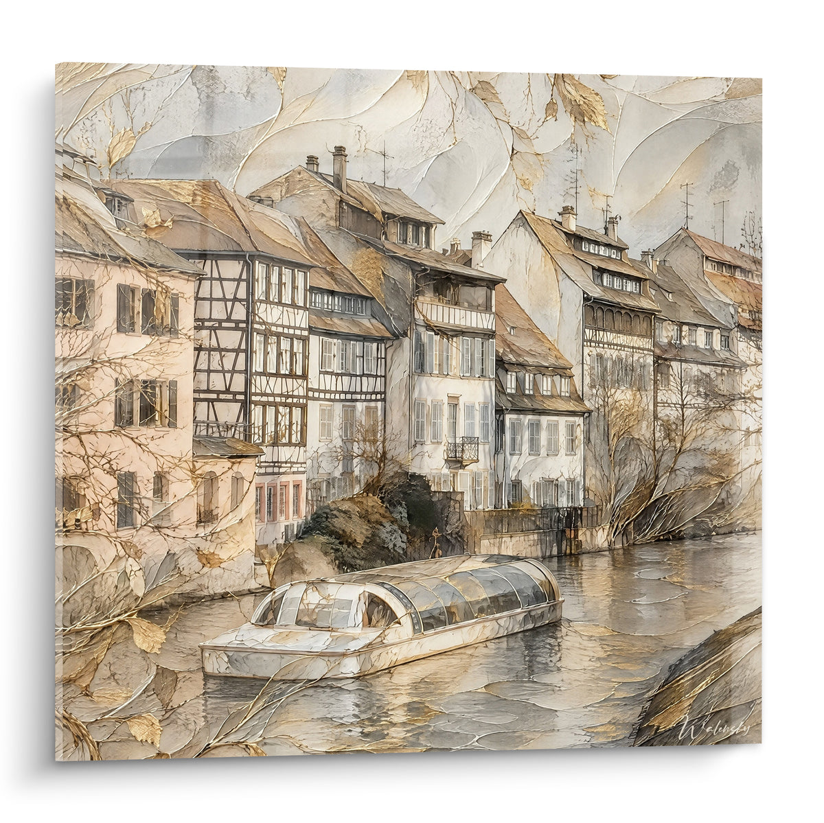 Quadro di case a graticcio beige e antracite che costeggiano un canale dorato a Strasburgo, barca bianca ormeggiata