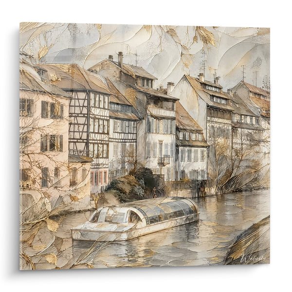 Quadro Case a graticcio e barca sul canale - Passeggiata fluviale dorata - Edizione Strasburgo Grand Est Francia