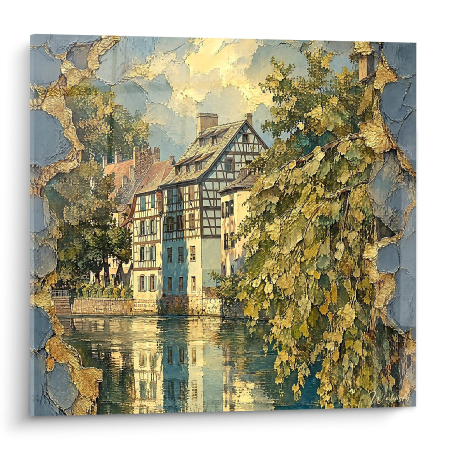 Schilderij Vakwerkhuizen in Goud aan de Waterkant - Weerspiegeling van een Vast Moment - Editie Straatsburg Elzas Frankrijk