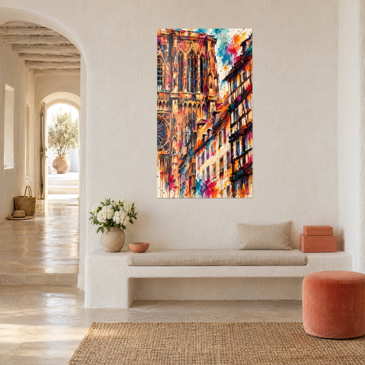 Gemälde gotische Fassade in Aquarell in Orange und Türkis, rote Fachwerkbalken rechts, Ansicht aus Dreiviertelperspektive, mediterranes Haus