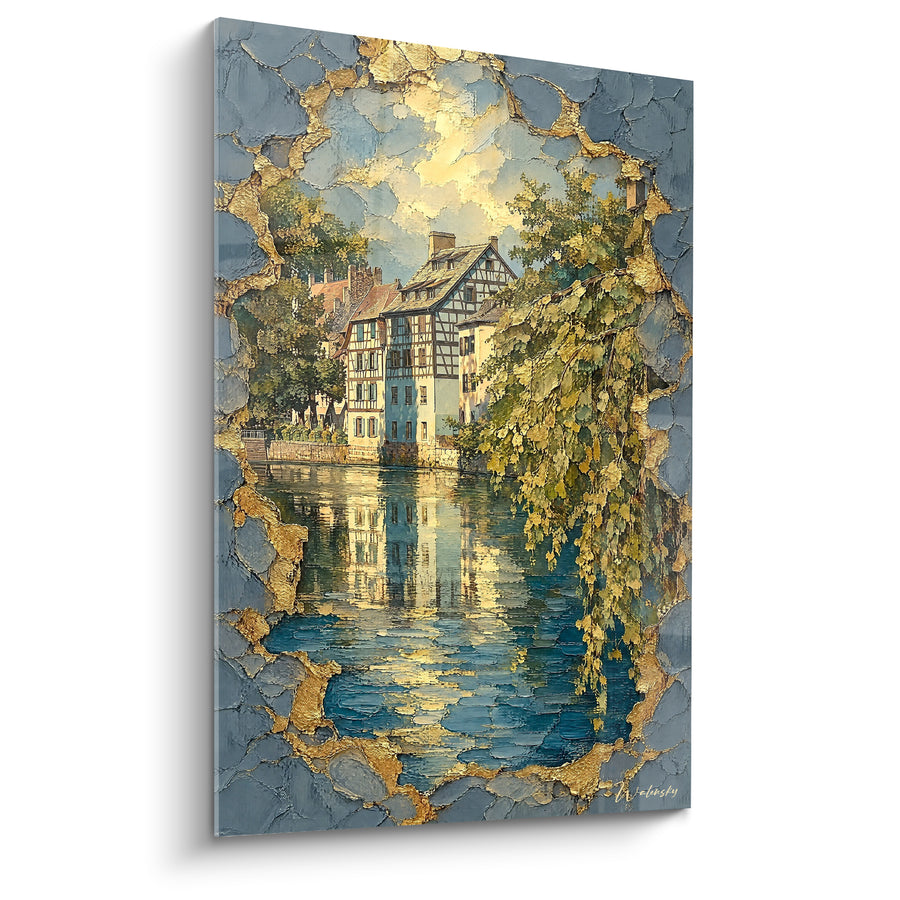 Tableau Maisons à colombages bleu et doré fissurées - Fenêtre sur le passé - Edition Strasbourg  Grand Est  France