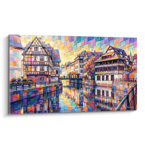 Tableau Maisons à colombages mauves et dorées sur canal - Reflets de la Petite France - Edition Strasbourg  Grand Est  France