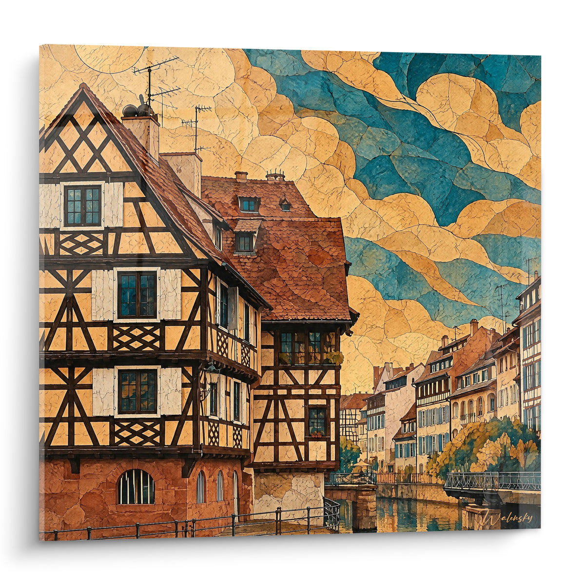 Maisons à colombages ocre et brun, toits rouille, ciel texturé bleu pétrole et doré à Strasbourg