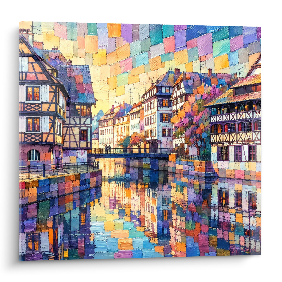 Maisons à colombages de Strasbourg aux reflets ocre et violet, canal peint en touches mosaïquées