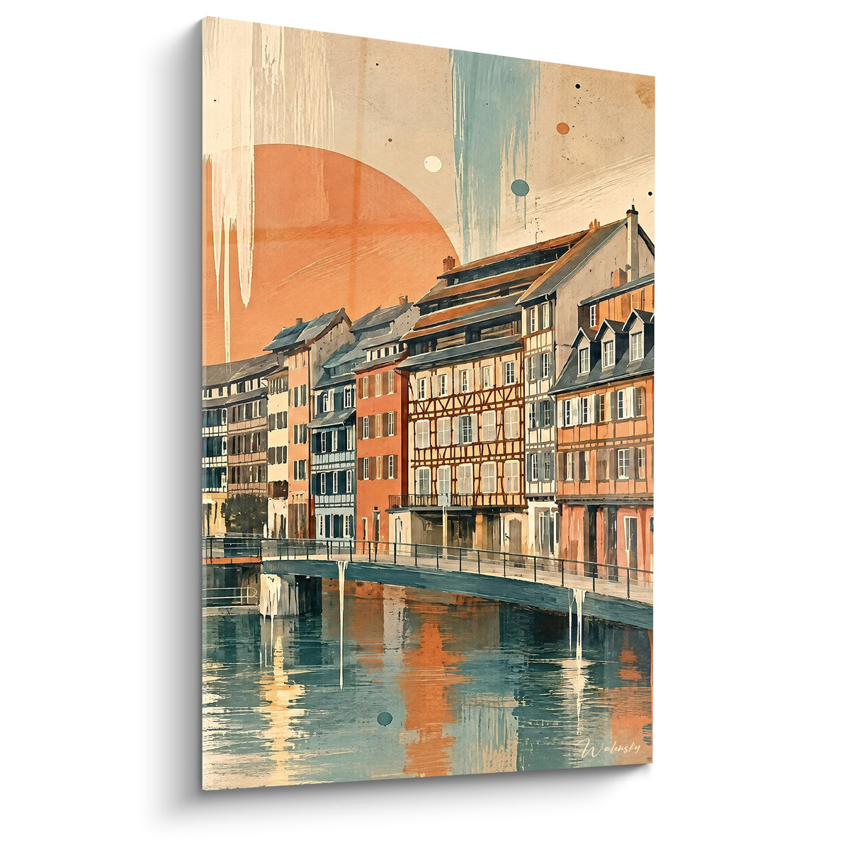 Maisons à colombages terracotta et bleu pétrole bordant un canal au soleil ocre stylisé