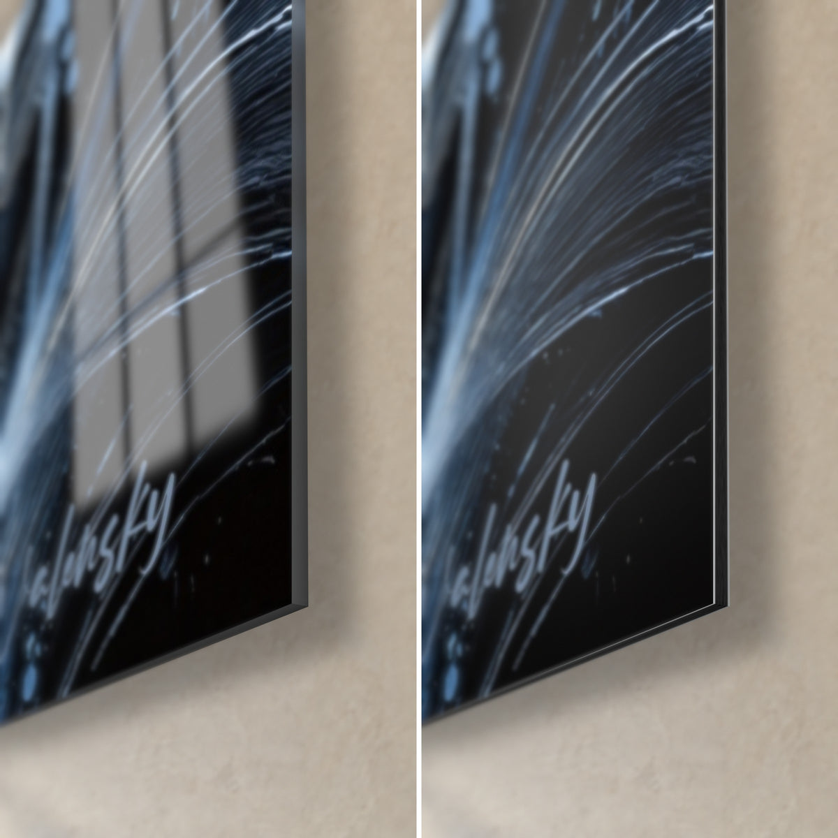 Schilderij van een nachtelijke overdekte brug, rechtsonder: glanzend acrylglas met reflecties, mat zwart Dibond-aluminium en 3 mm rand