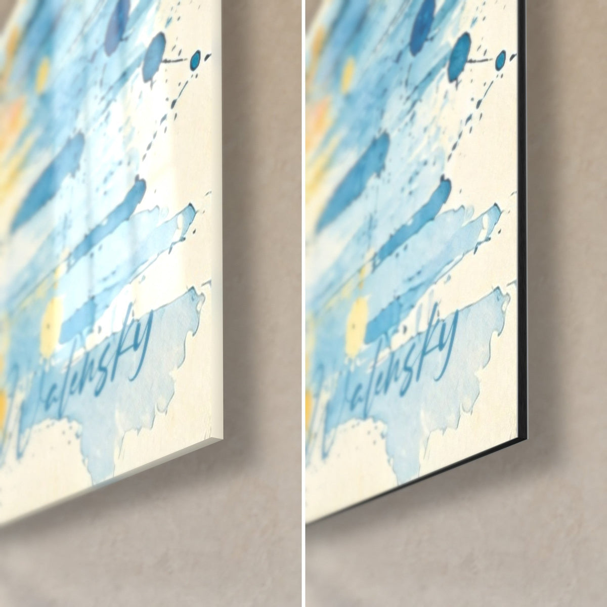 Gemälde Kathedrale mit blauen Spitztürmen, untere rechte Ecke: glänzendes Acrylglas links, mattes Dibond-Aluminium rechts, 3 mm Kante