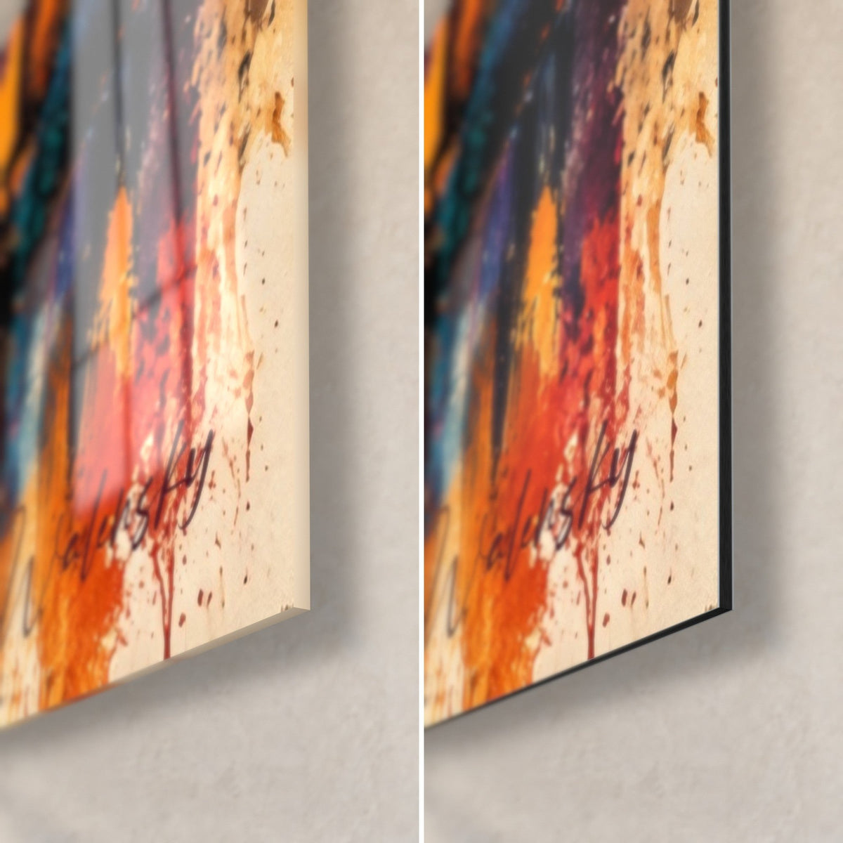 Gemälde Kathedrale mit orangen und rosa Spritzern, untere rechte Ecke aus glänzendem Glas und mattem Dibond-Aluminium, 3 mm Kante