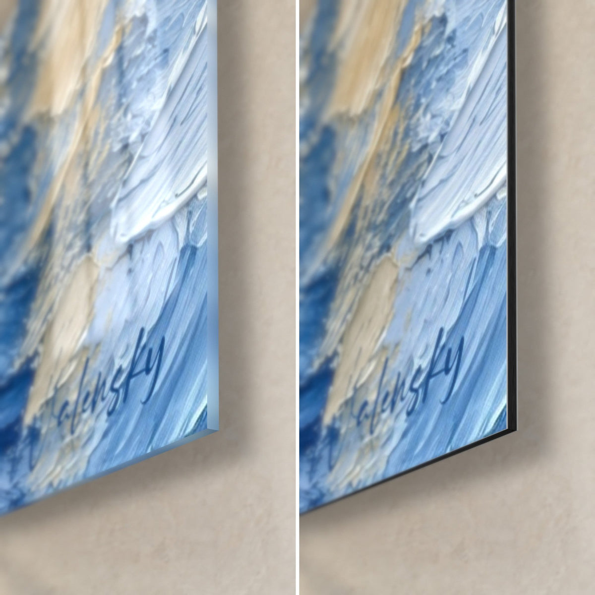 Quadro centro storico alsaziano in impasto spesso blu e crema, angolo in basso a destra in vetro lucido e Dibond opaco, spessore 3 mm