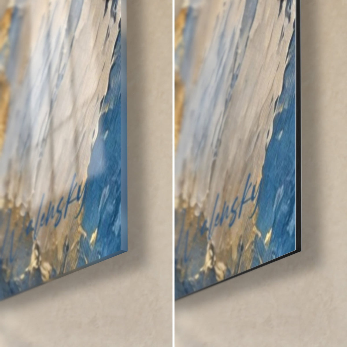 Wall art curved blue and gold riverbank, bottom right corner: glossy acrylic glass and matte Dibond aluminium, 3 mm edge