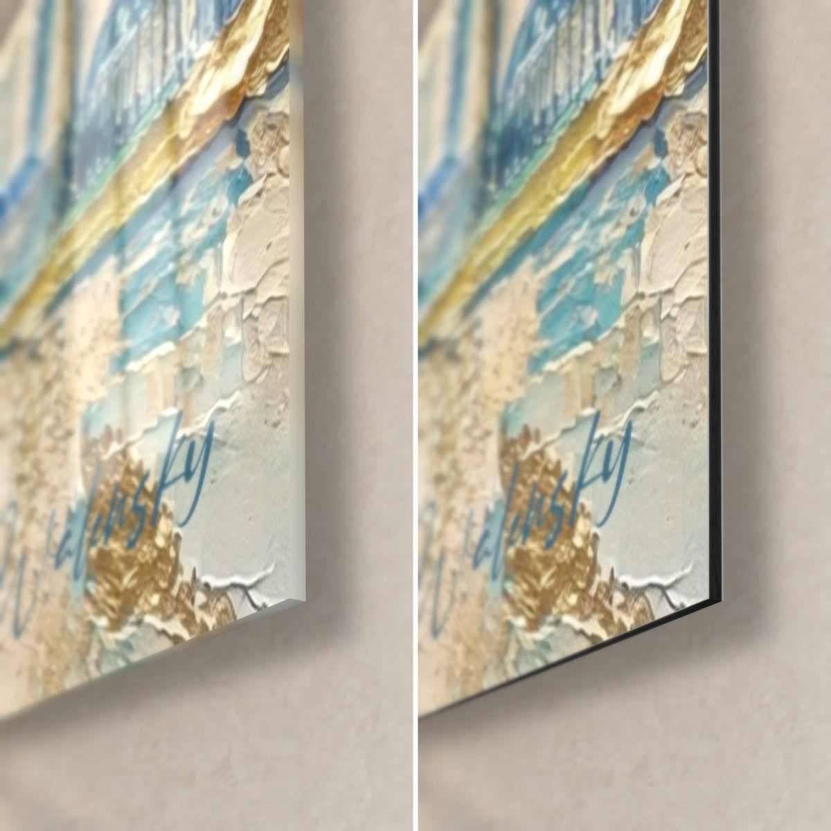 Schilderij Straatsburgse rivier in dik impasto lichtblauw en goud, rechtsonder: glanzend glas links, mat Dibond rechts