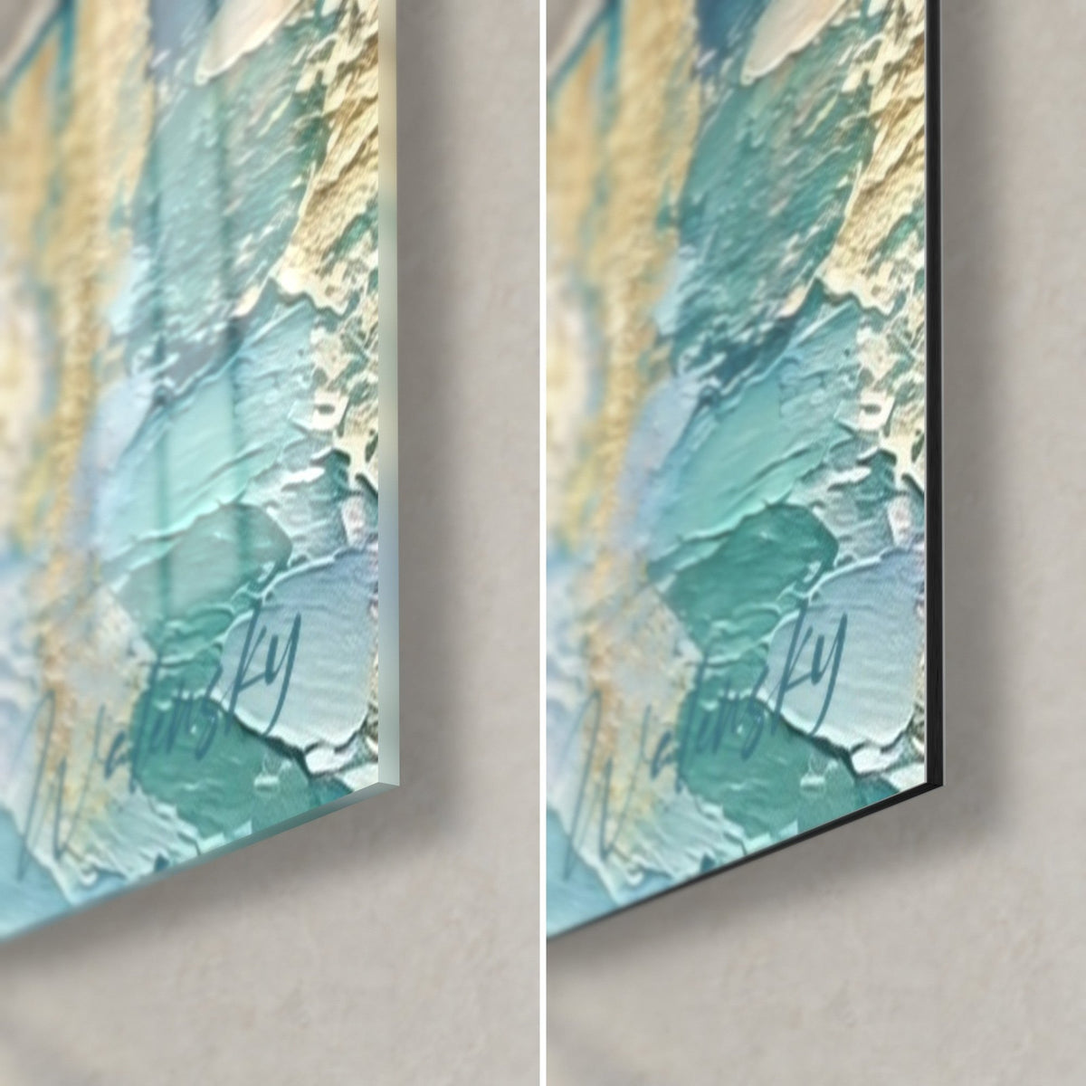 Quadro canale in impasto turchese e oro, angolo in basso a destra: vetro lucido a sinistra, alluminio Dibond opaco a destra, bordo da 3 mm