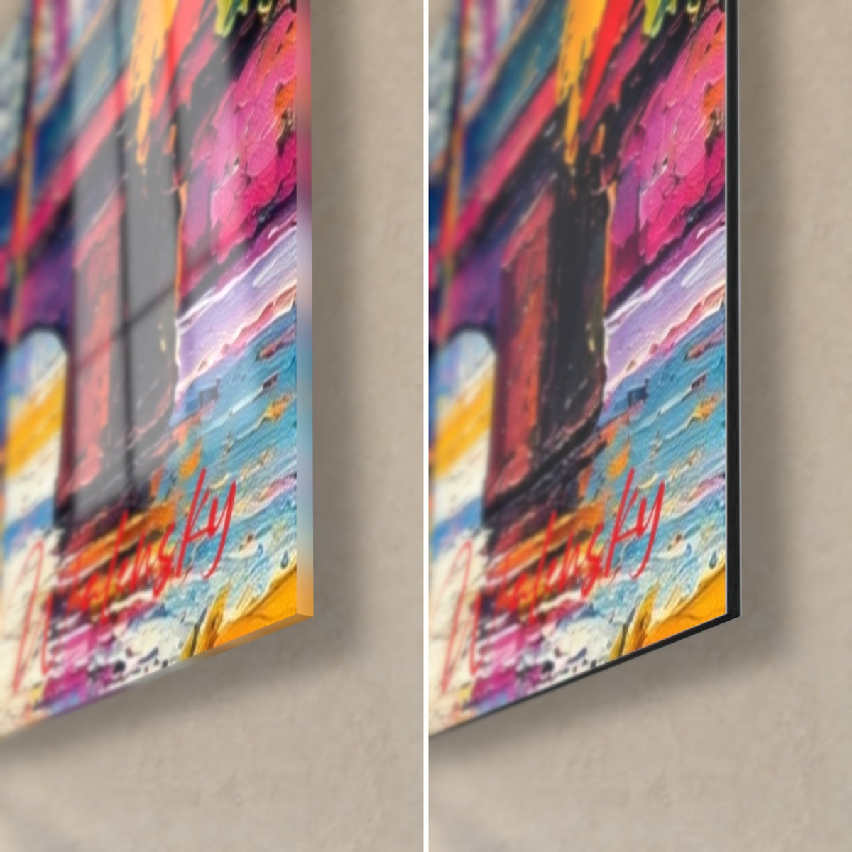 Quadro passeggiatore su un ponte, angolo in basso a destra: firma arancio su riflessi azzurro cielo e rosa, vetro lucido e Dibond opaco