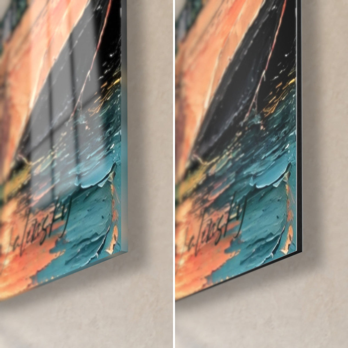 Gemälde Haus mit roter Tür und türkisfarbenem Wasser, untere rechte Ecke aus glänzendem Glas und mattem Dibond-Alu, 3 mm Kante sichtbar