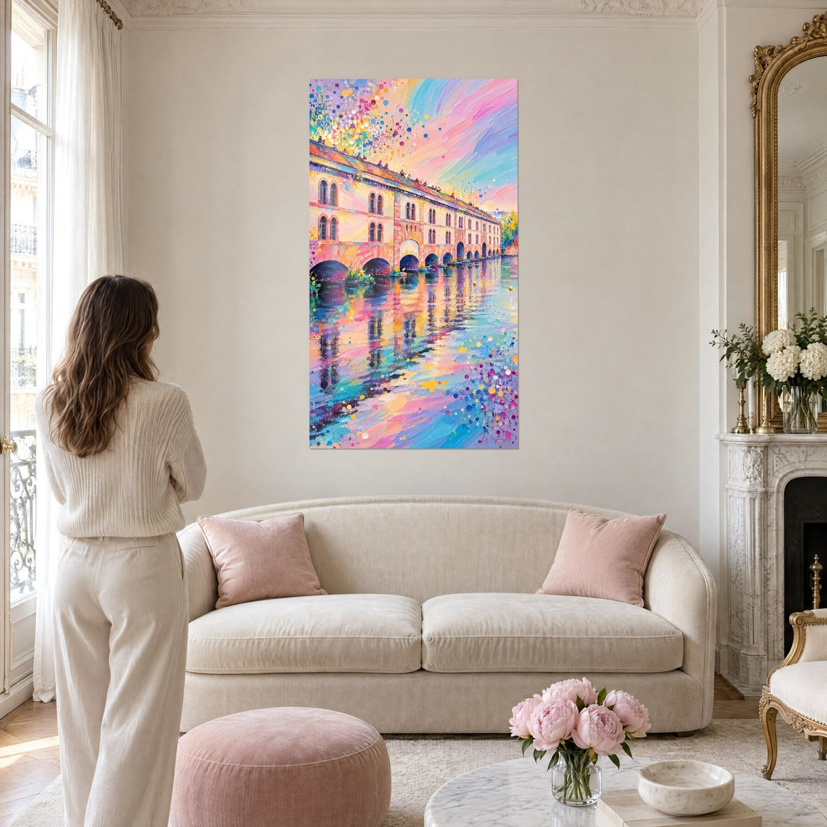 Wall art Barrage Vauban in pastel pink and turquoise, vaulted arches and reflections, above a sofa in a bright living room