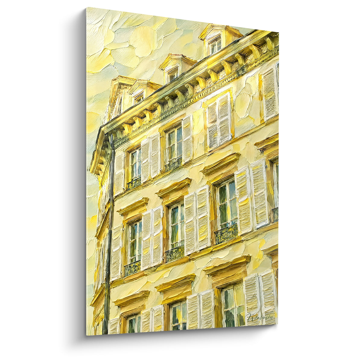 Façade alsacienne jaune dorée et beige aux volets blancs, style peinture texturée et lumineuse