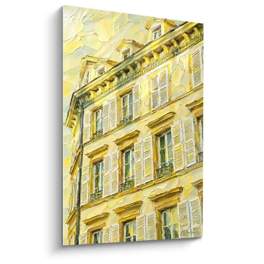 Tableau Façade alsacienne jaune et beige à volets - Lumière sur pierre ancienne - Edition Strasbourg  Grand Est  France