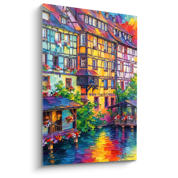 Tableau Maisons à colombages jaune et violet sur l'eau - Balcons fleuris en surplomb - Edition Strasbourg  Grand Est  France