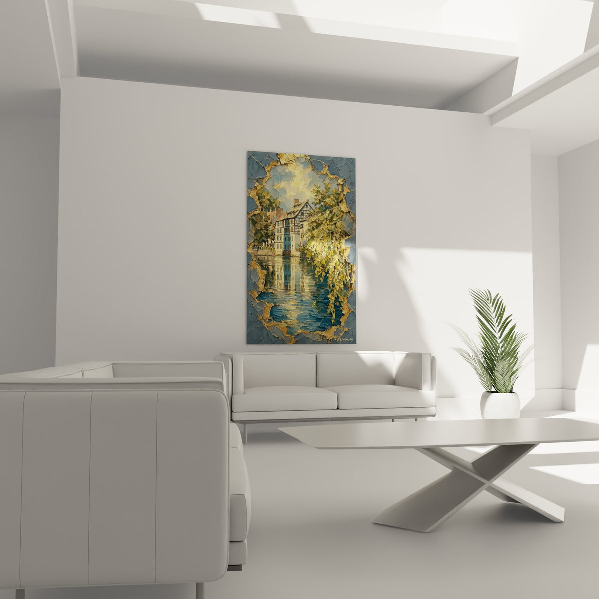Canal bleu turquoise bordé de maisons dorées accroché au-dessus d'un canapé dans un salon lumineux