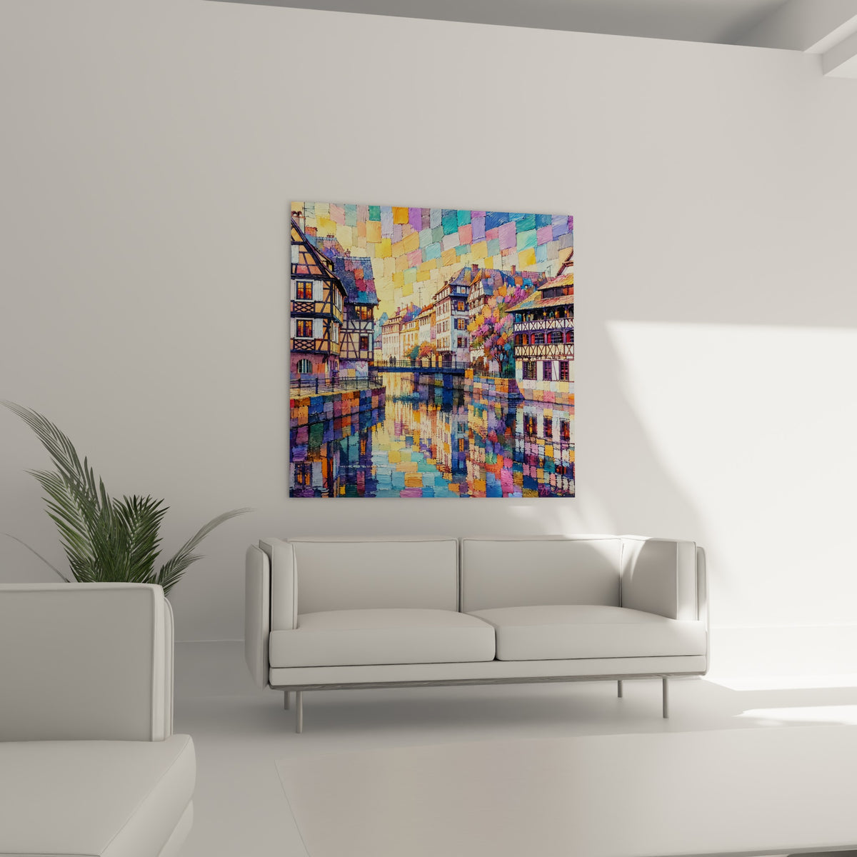 Schilderij van een Elzasse kade met oranje gevels en gele lucht, paars en blauw kanaal, driekwartaanzicht, gewelfde doorgang van een Provençaalse boerderij