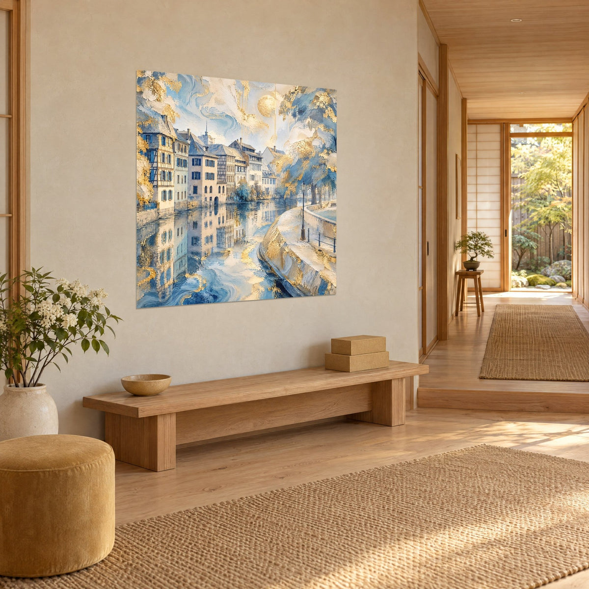 Wall art curved quay of pale stone, black lamppost, blue and golden reflections on the water, hung in a corridor of light wood