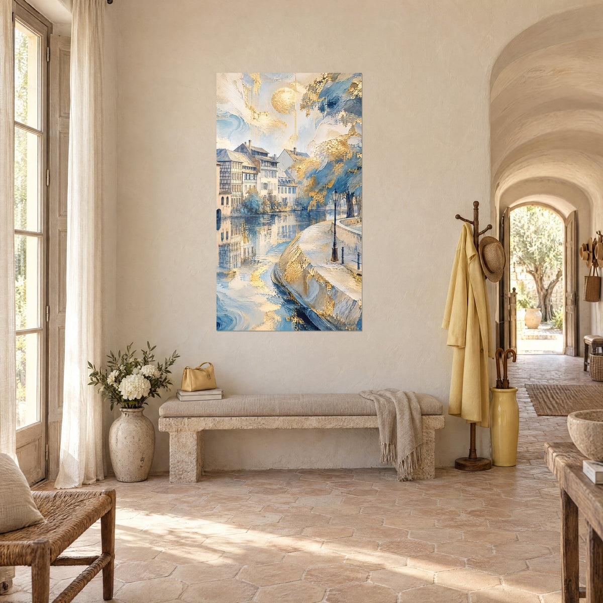 Wall art canal reflecting half-timbered façades, glacier-blue sky and golden brushstrokes, three-quarter view in a farmhouse