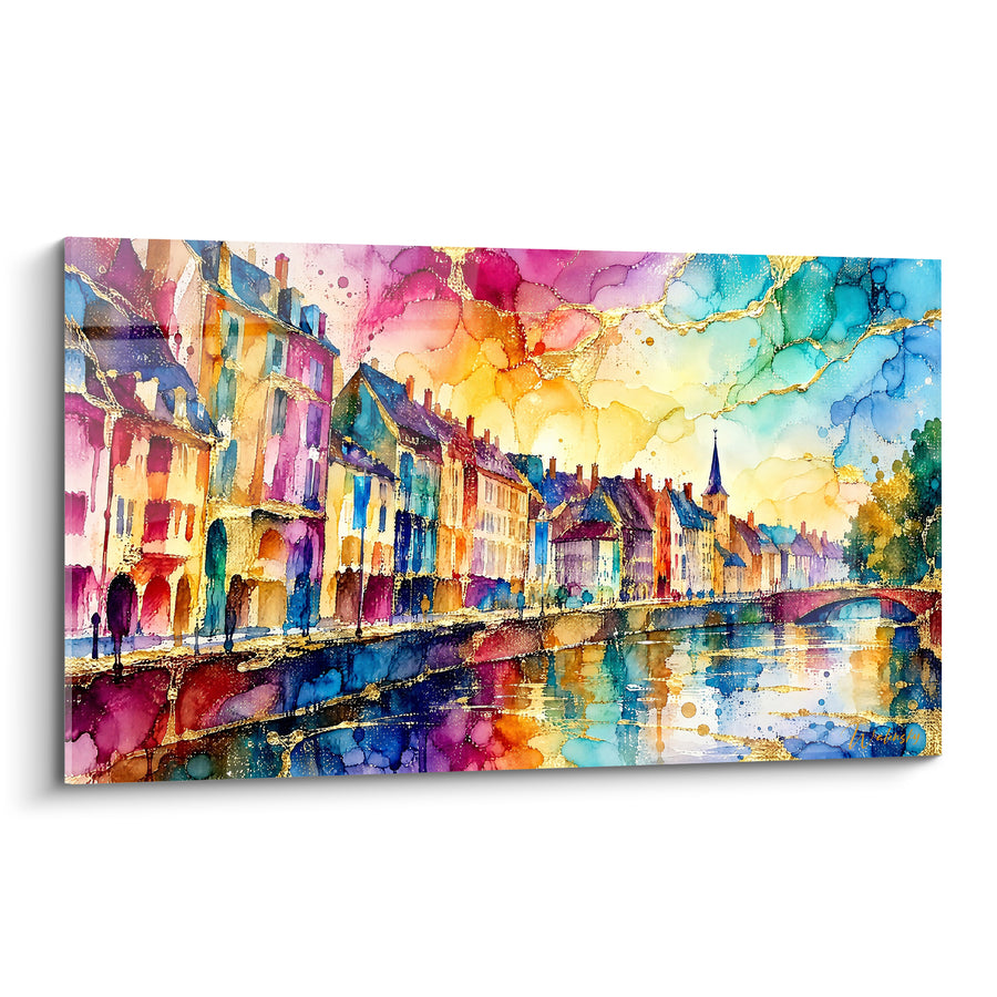 Schilderij van een Kade met Fuchsia en Turquoise Huizen onder een Gespleten Hemel - Verre Toren in de Verte en Gebogen Brug - Editie Straatsburg Elzas Frankrijk