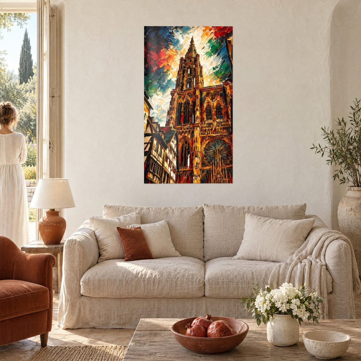 Quadro guglia gotica in arenaria dorata sotto un cielo rosso e blu, due persone di spalle, sopra un divano in un soggiorno luminoso