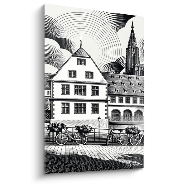 Tableau Maison alsacienne noire et blanche à vélos - Matin sur le pont - Edition Strasbourg  Grand Est  France