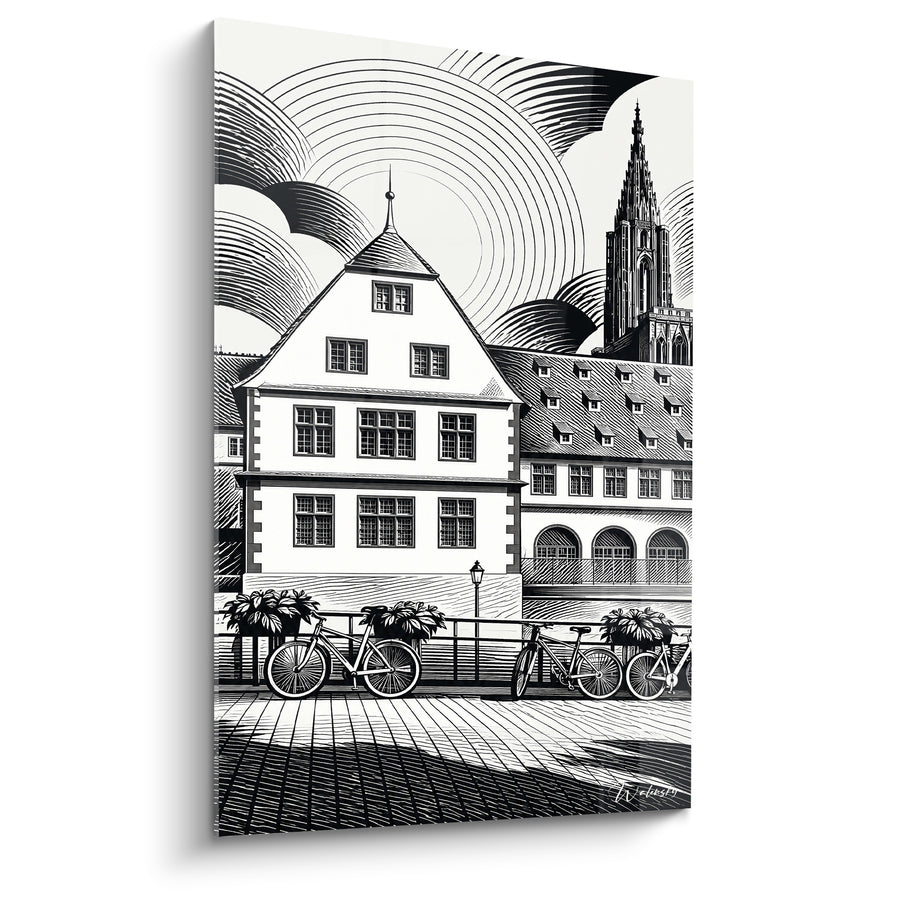 Tableau Maison alsacienne noire et blanche à vélos - Matin sur le pont - Edition Strasbourg  Grand Est  France