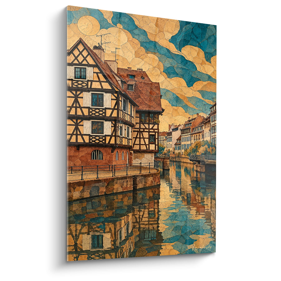 Tableau Maison à colombages ocre et turquoise au ciel craquelé - Antennes sur le toit - Edition Strasbourg  Grand Est  France
