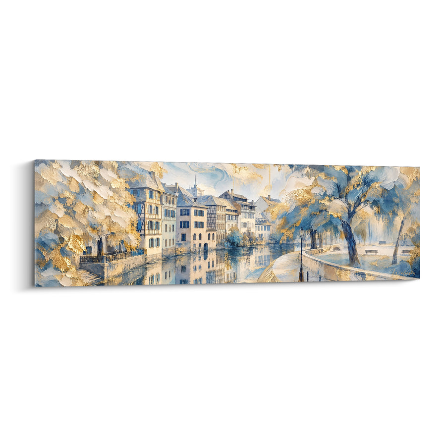 Tableau Saules dorés et bleus bordant le canal incurvé - Bancs publics et berge pavée - Edition Strasbourg  Grand Est  France