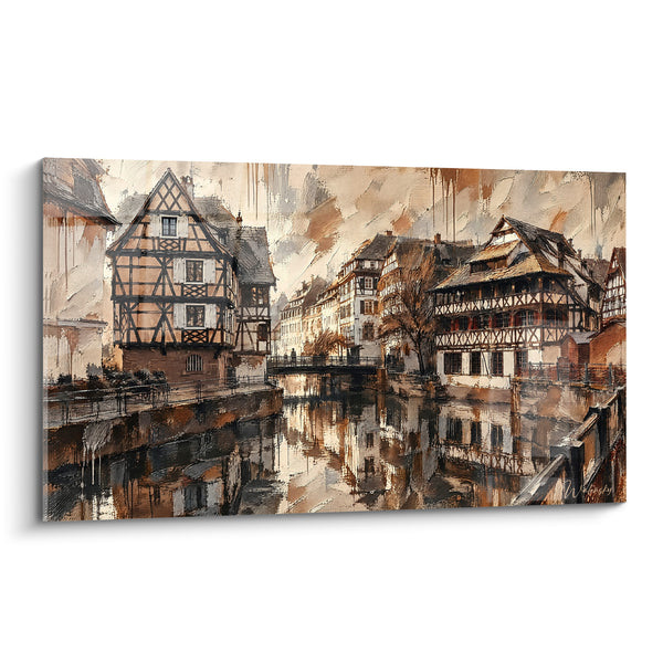 Quadro Case a graticcio marroni e bianche sul canale - Riflessi d'autunno - Edizione Strasburgo Grand Est Francia