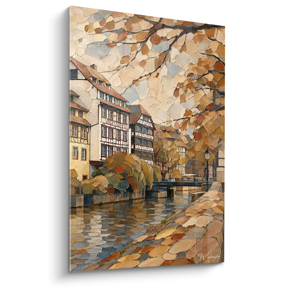 Tableau Maisons à colombages beige et ocre sous frondaison mosaïquée - Muret en pierre sèche - Edition Strasbourg  Grand Est  France
