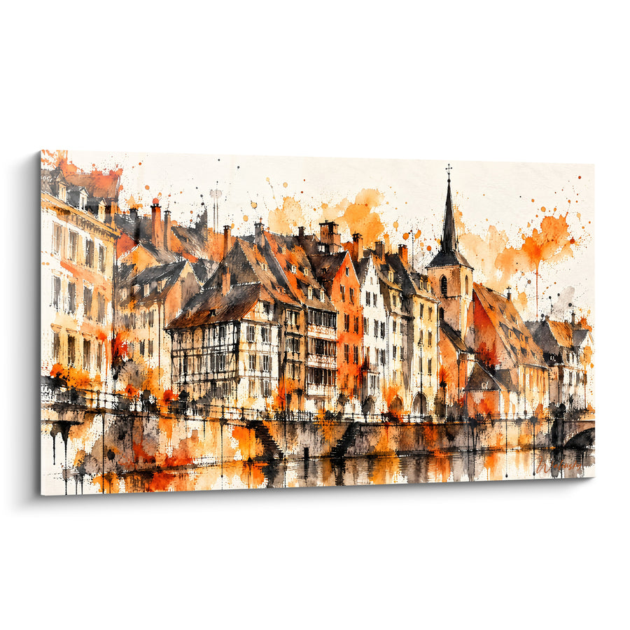 Schilderij Vakwerkhuizen en okerkleurige klokkentoren - Wandeling langs de kade - Editie Straatsburg Elzas Frankrijk