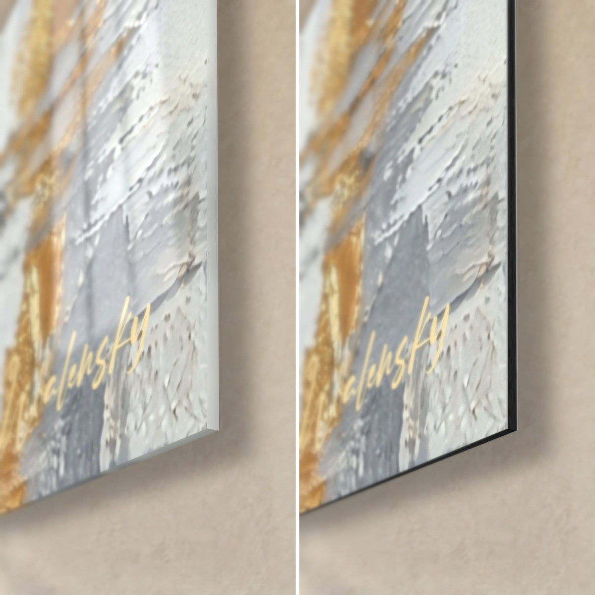Schilderij gebouw met bogen, rechtsonder: impasto in goud en grijs, zwarte rand van 3 mm, glanzend glas en mat Dibond