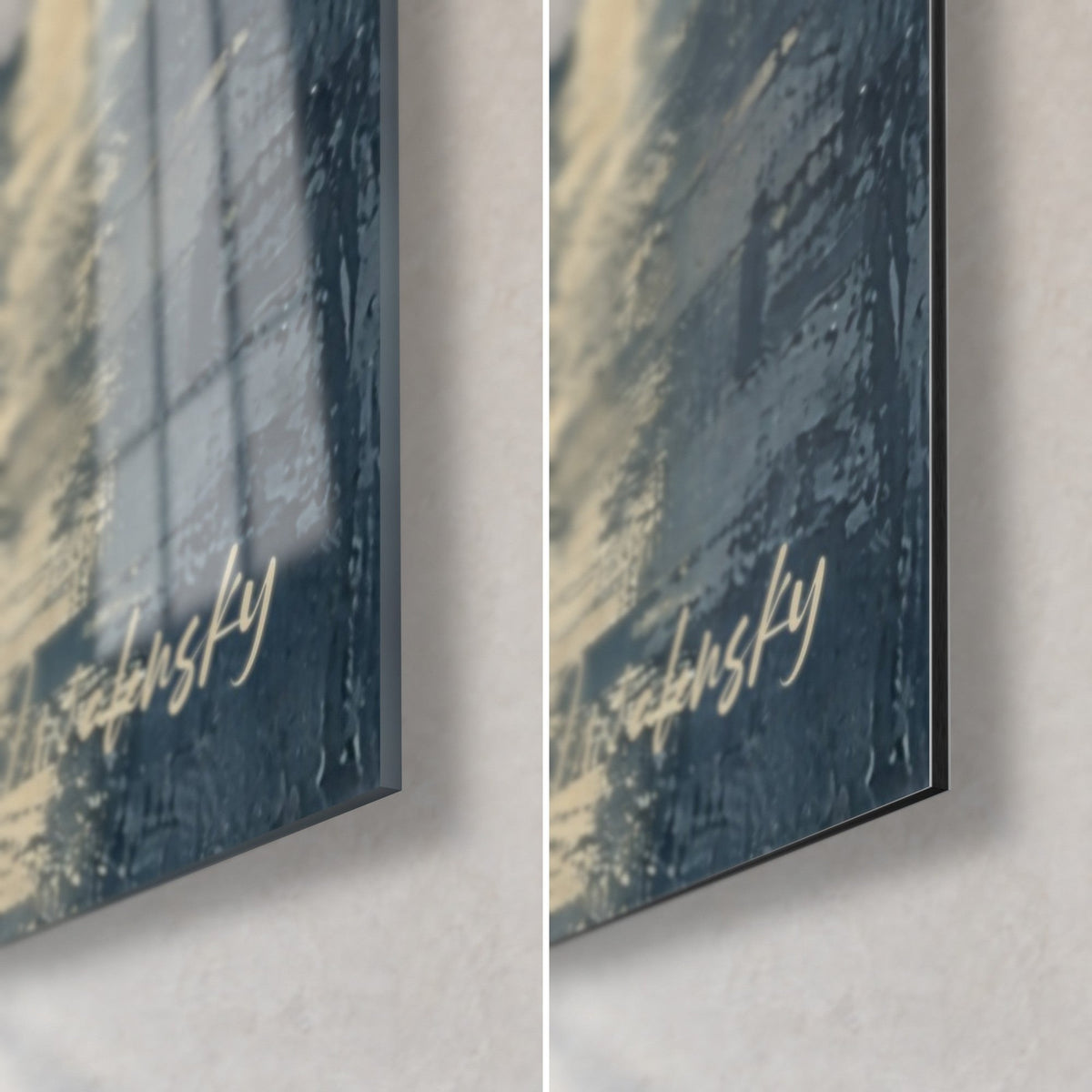 Quadro cattedrale in blu ardesia e ocra dorata, angolo in basso a destra: vetro acrilico lucido a sinistra, alluminio Dibond opaco, spessore 3 mm