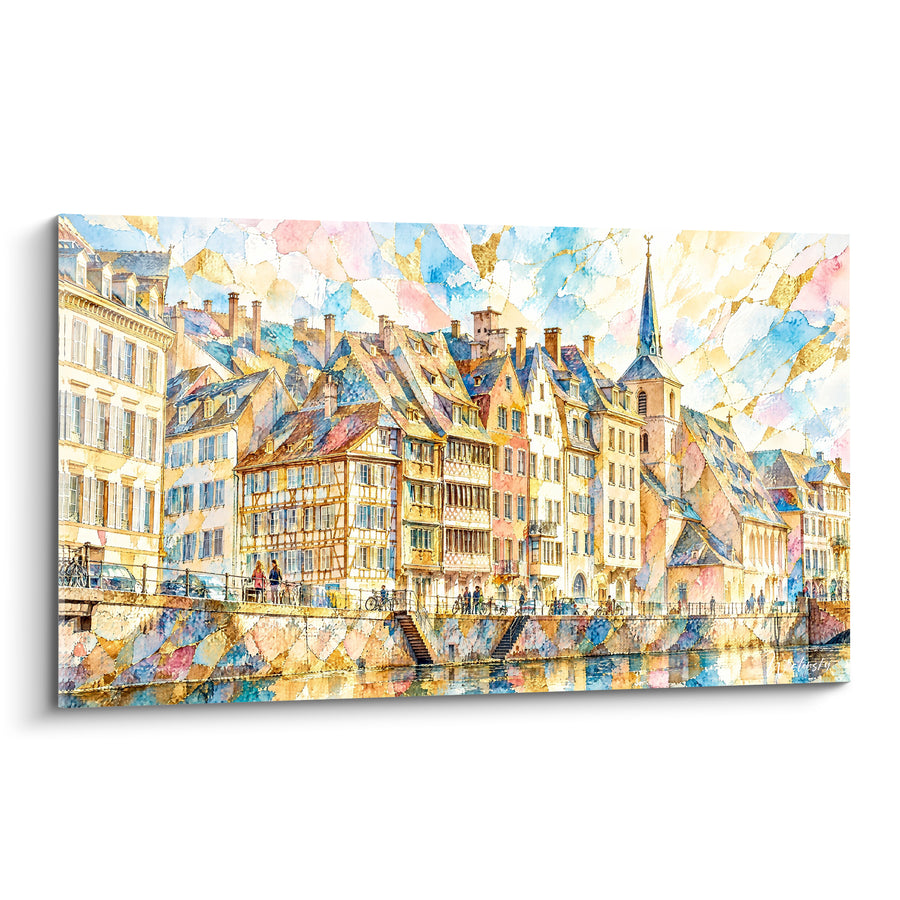 Tableau Maisons alsaciennes ocre et bleu pastel - Flânerie matinale - Edition Strasbourg  Grand Est  France