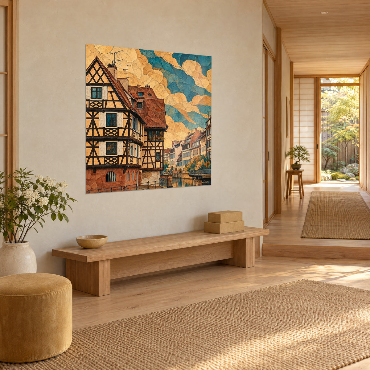 Colombages bruns et toits terracotta de Strasbourg au-dessus d'un canapé dans un salon lumineux