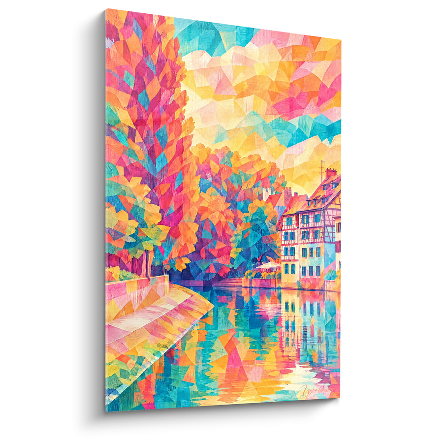 Tableau Maisons à colombages roses et turquoise - Éclats de rivière - Edition Strasbourg  Grand Est  France