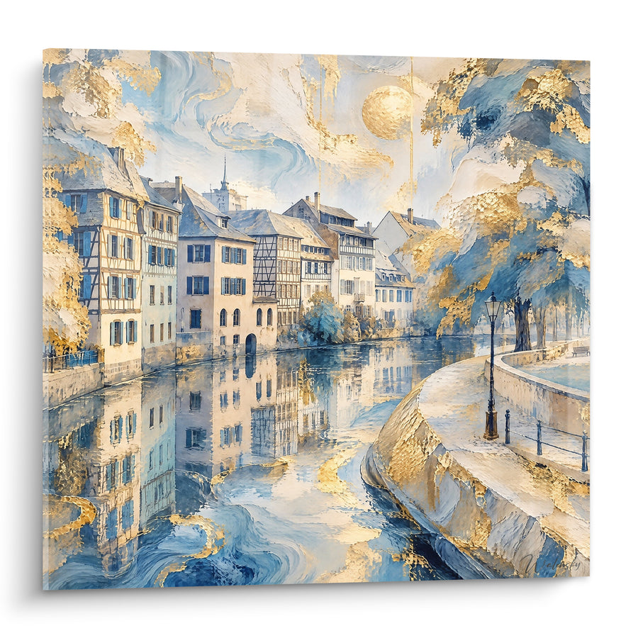 Tableau Quai incurvé bleu et or au soleil tourbillonnant - Berge en pierre claire - Edition Strasbourg  Grand Est  France