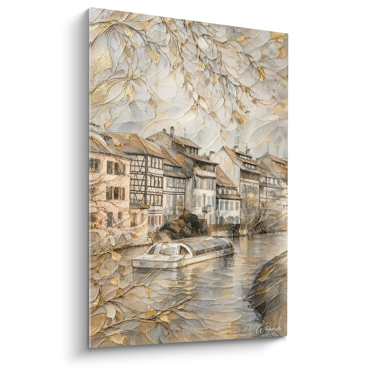 Maisons à colombages beige et anthracite bordant un canal doré, feuillages stylisés en arrière-plan